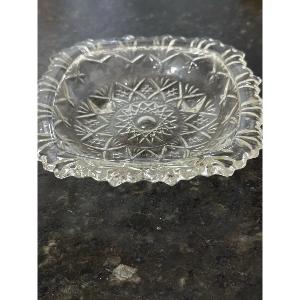 Vintage Clear Cut Glass Style MCM Dish Square Sawtooth Scalloped Rim Starburst